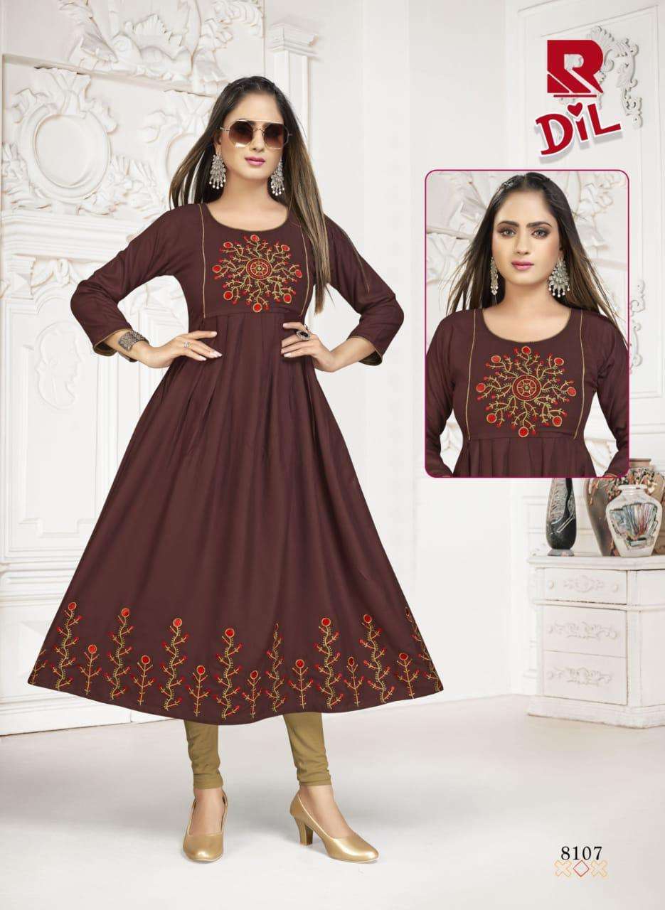 DIL BY RAASHI 8101 TO 8108 SERIES DESIGNER STYLISH FANCY COLORFUL BEAUTIFUL PARTY WEAR & ETHNIC WEAR COLLECTION RAYON EMBROIDERY KURTIS AT WHOLESALE PRICE