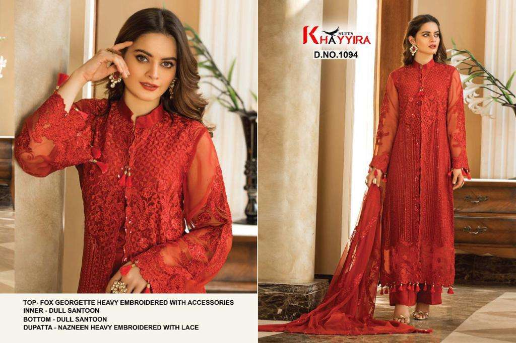 ALZOHAIB VOL-1 BY KHAYYIRA 1091 TO 1094 SERIES BEAUTIFUL SUITS STYLISH COLORFUL FANCY CASUAL WEAR & ETHNIC WEAR FAUX GEORGETTE EMBROIDERED DRESSES AT WHOLESALE PRICE