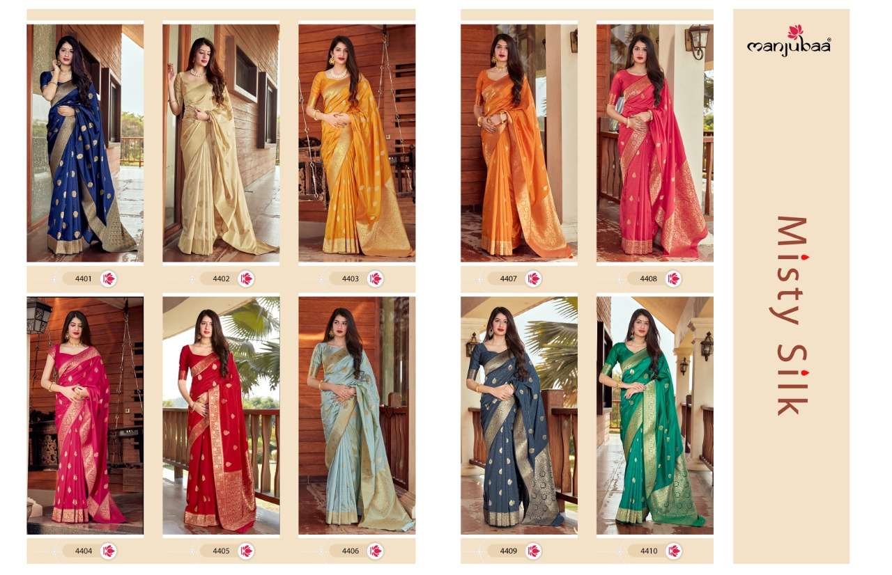 MISTY SILK BY MANJUBAA CLOTHING 4401 TO 4410 SERIES COLORFUL BEAUTIFUL FANCY PARTY WEAR & TRADITIONAL WEAR SOFT SILK SAREES AT WHOLESALE PRICE