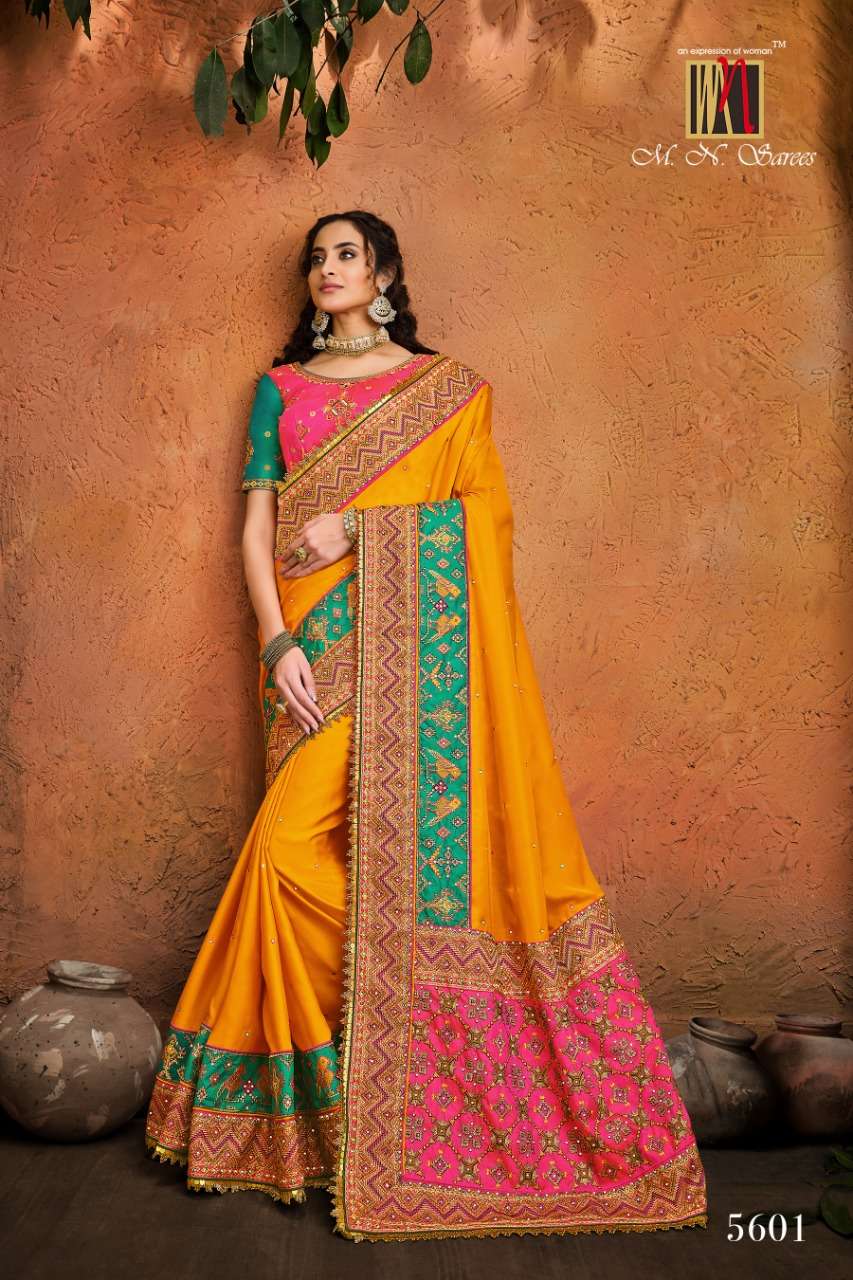 KACCHHI WORK BY M N SAREES 5601 TO 5609 SERIES INDIAN TRADITIONAL WEAR COLLECTION BEAUTIFUL STYLISH FANCY COLORFUL PARTY WEAR & OCCASIONAL WEAR SATIN/SILK/GEORGETTE SAREES AT WHOLESALE PRICE