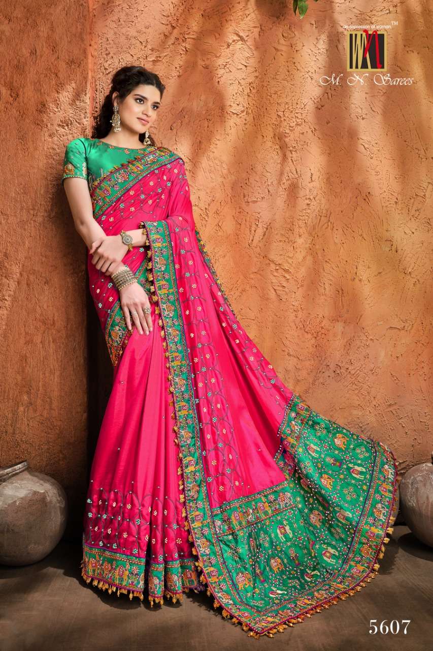 KACCHHI WORK BY M N SAREES 5601 TO 5609 SERIES INDIAN TRADITIONAL WEAR COLLECTION BEAUTIFUL STYLISH FANCY COLORFUL PARTY WEAR & OCCASIONAL WEAR SATIN/SILK/GEORGETTE SAREES AT WHOLESALE PRICE
