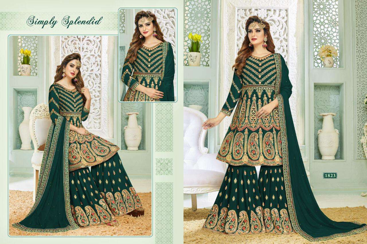 NAZARA VOL-1 BY A M CREATION 1821 TO 1826 SERIES BEAUTIFUL STYLISH SHARARA SUITS FANCY COLORFUL CASUAL WEAR & ETHNIC WEAR & READY TO WEAR FAUX GEORGETTE DRESSES AT WHOLESALE PRICE