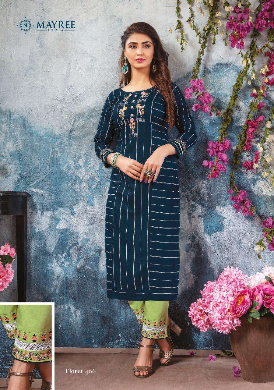 FLORET VOL-4 BY MAYREE 401 TO 408 SERIES DESIGNER STYLISH FANCY COLORFUL BEAUTIFUL PARTY WEAR & ETHNIC WEAR COLLECTION RAYON EMBROIDERY KURTIS WITH BOTTOM  AT WHOLESALE PRICE