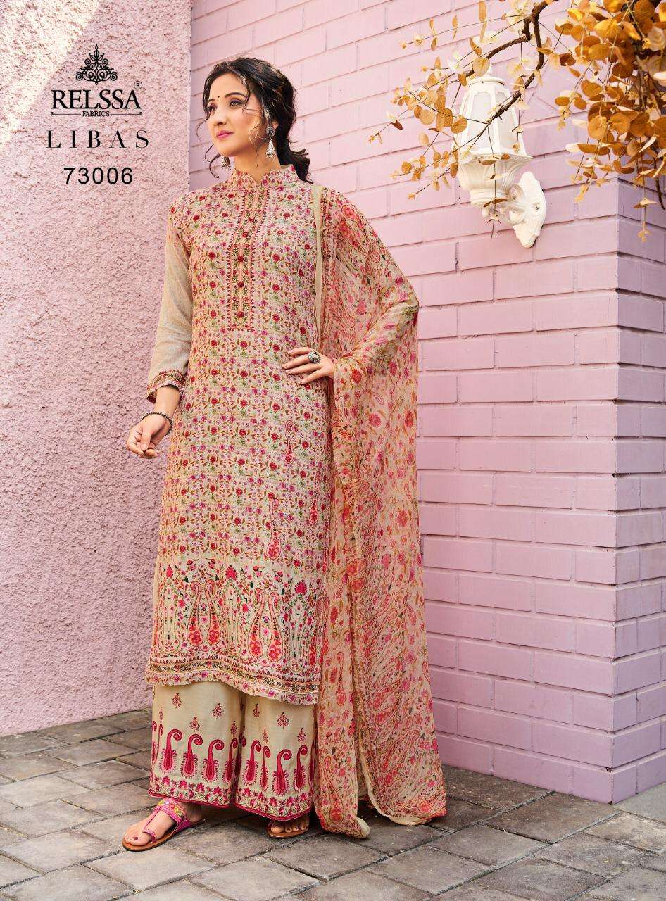 LIBAS 73001 SERIES BY RELSSA FABRICS 73001 TO 73008 SERIES BEAUTIFUL SUITS COLORFUL STYLISH FANCY CASUAL WEAR & ETHNIC WEAR PURE MUSLIN SILK DIGITAL PRINT WITH HANDWORK DRESSES AT WHOLESALE PRICE