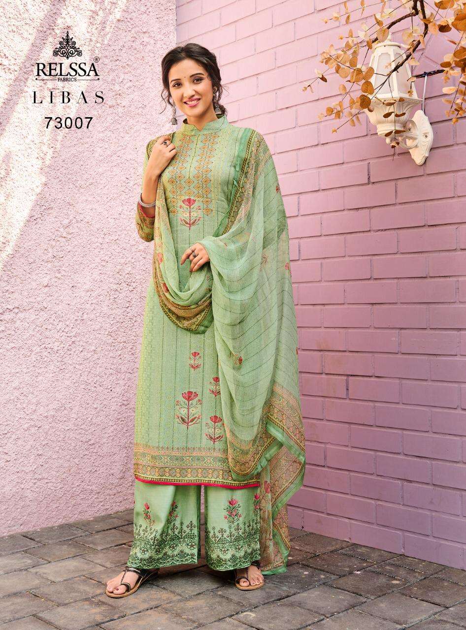 LIBAS 73001 SERIES BY RELSSA FABRICS 73001 TO 73008 SERIES BEAUTIFUL SUITS COLORFUL STYLISH FANCY CASUAL WEAR & ETHNIC WEAR PURE MUSLIN SILK DIGITAL PRINT WITH HANDWORK DRESSES AT WHOLESALE PRICE