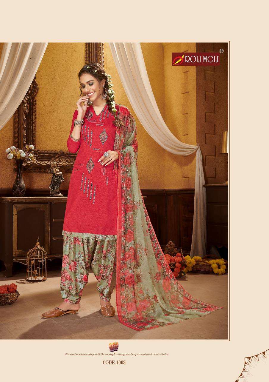KUDI PATOLA BY ROLI MOLI 1001 TO 1008 SERIES BEAUTIFUL SUITS COLORFUL STYLISH FANCY CASUAL WEAR & ETHNIC WEAR COTTON NAGITIVE PRINT WITH EMBROIDERY WORK DRESSES AT WHOLESALE PRICE