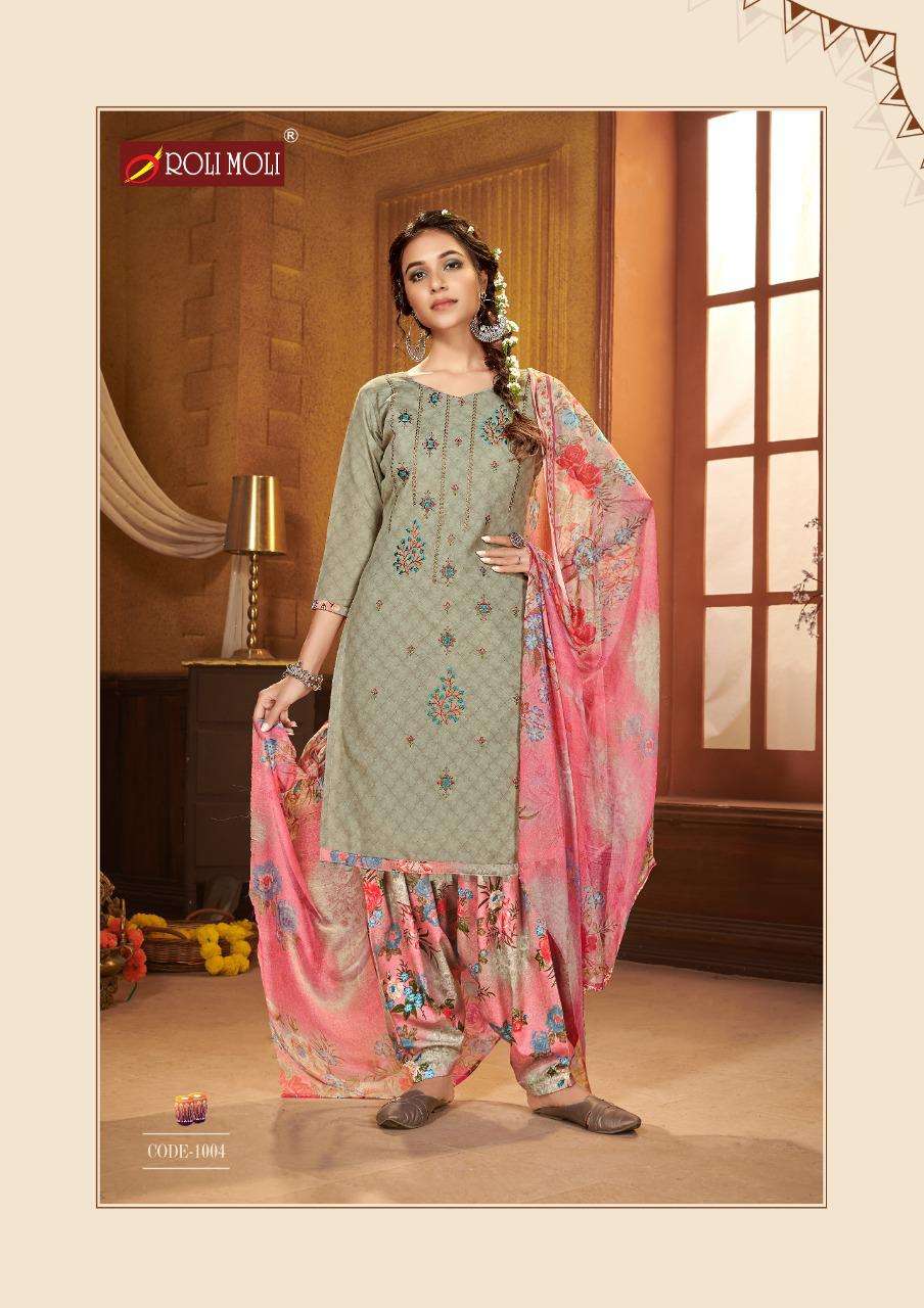 KUDI PATOLA BY ROLI MOLI 1001 TO 1008 SERIES BEAUTIFUL SUITS COLORFUL STYLISH FANCY CASUAL WEAR & ETHNIC WEAR COTTON NAGITIVE PRINT WITH EMBROIDERY WORK DRESSES AT WHOLESALE PRICE