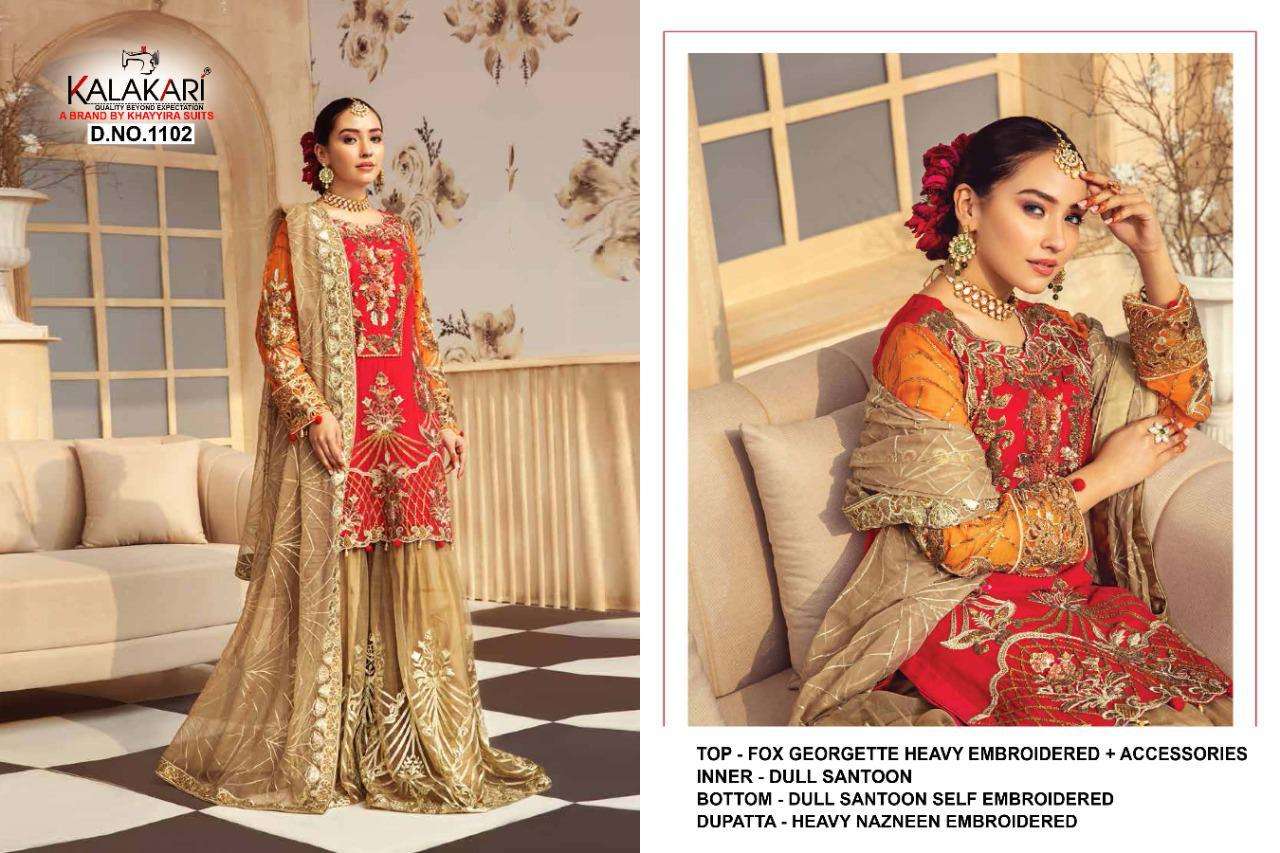 KALAKARI HIT DESIGN 1102 BY KALAKARI DESIGNER FESTIVE SUITS COLLECTION BEAUTIFUL STYLISH FANCY COLORFUL PARTY WEAR & OCCASIONAL WEAR HEAVY FAUX GEORGETTE WITH EMBROIDERED DRESSES AT WHOLESALE PRICE