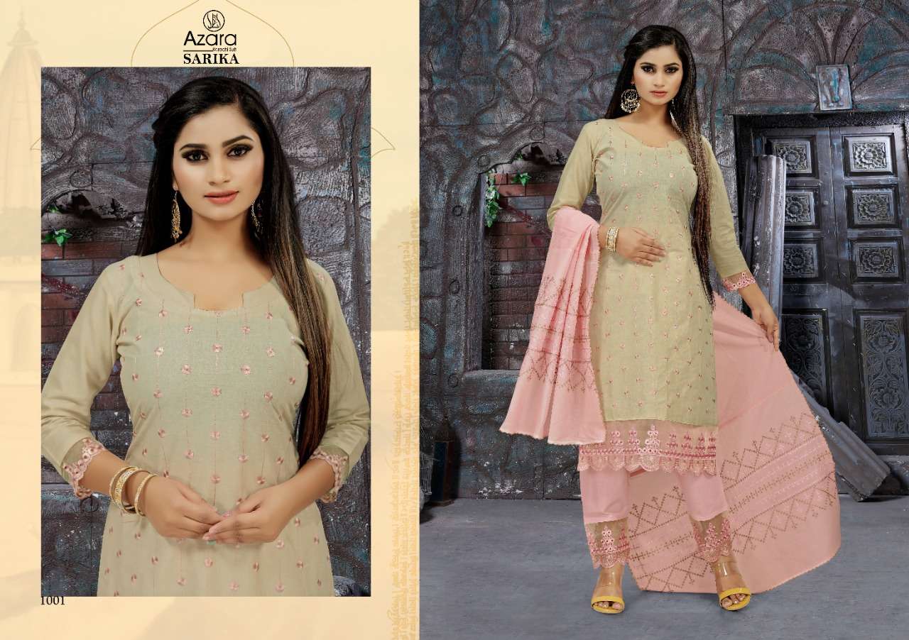 SARIKA BY AZARA 1001 TO 1004 SERIES BEAUTIFUL SUITS COLORFUL STYLISH FANCY CASUAL WEAR & ETHNIC WEAR CAMBRIC COTTON EMBROIDERY WORK DRESSES AT WHOLESALE PRICE