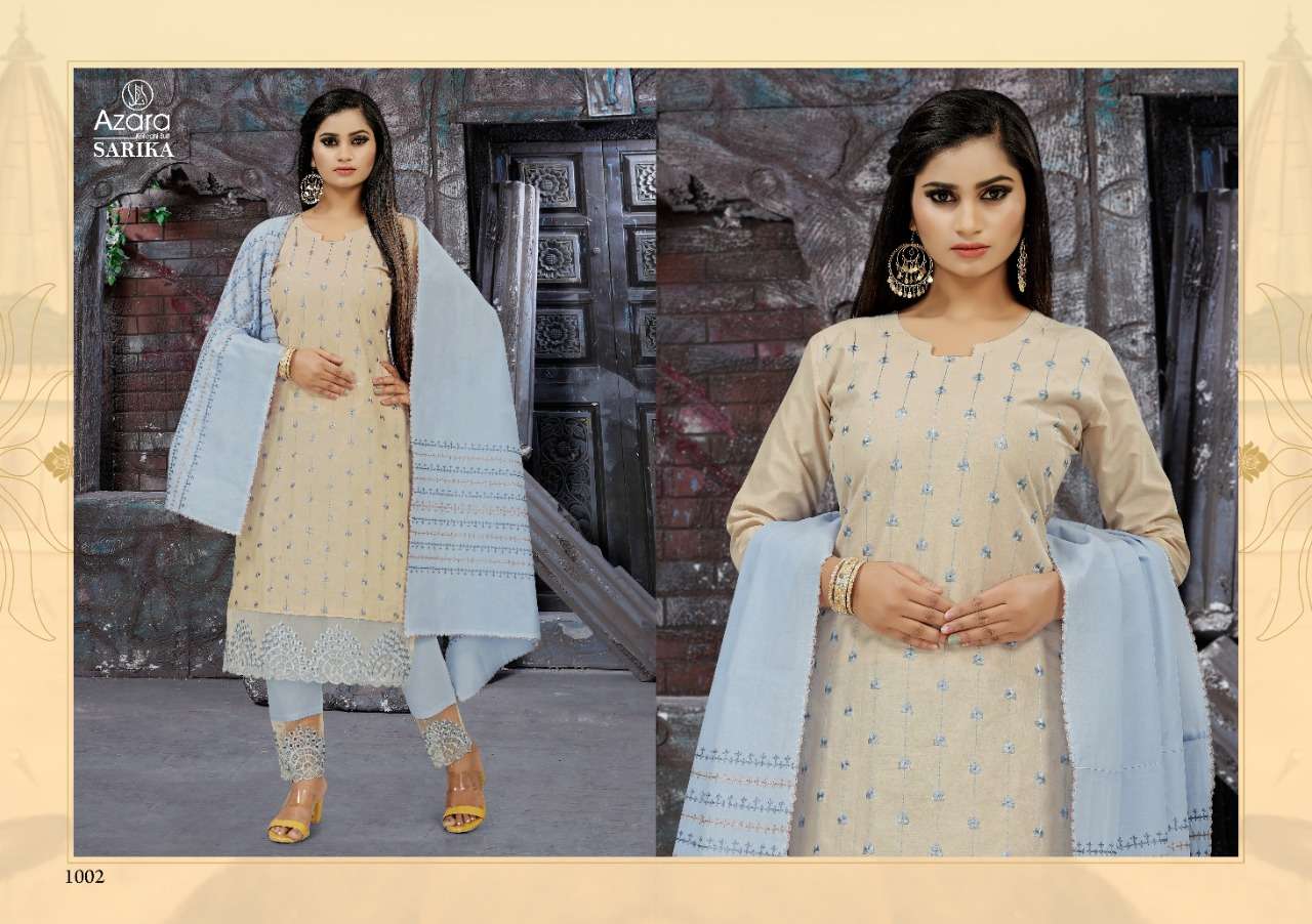 SARIKA BY AZARA 1001 TO 1004 SERIES BEAUTIFUL SUITS COLORFUL STYLISH FANCY CASUAL WEAR & ETHNIC WEAR CAMBRIC COTTON EMBROIDERY WORK DRESSES AT WHOLESALE PRICE