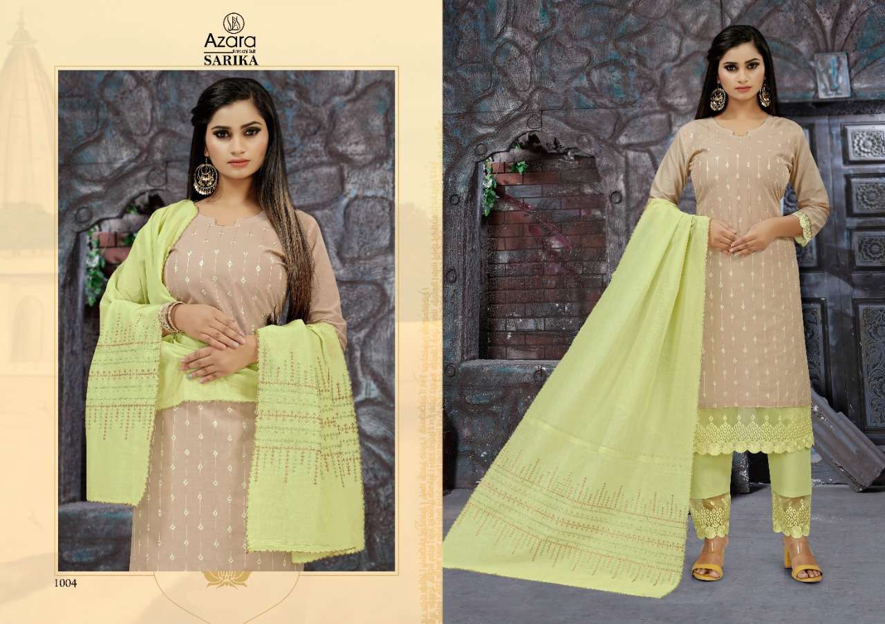 SARIKA BY AZARA 1001 TO 1004 SERIES BEAUTIFUL SUITS COLORFUL STYLISH FANCY CASUAL WEAR & ETHNIC WEAR CAMBRIC COTTON EMBROIDERY WORK DRESSES AT WHOLESALE PRICE