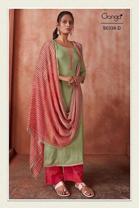 HANA-338 BY GANGA FASHION 338-A TO 338-D SERIES BEAUTIFUL SUITS COLORFUL STYLISH FANCY CASUAL WEAR & ETHNIC WEAR SUPERIOR COTTON LAWN PRINT WITH EMBROIDERED DRESSES AT WHOLESALE PRICE