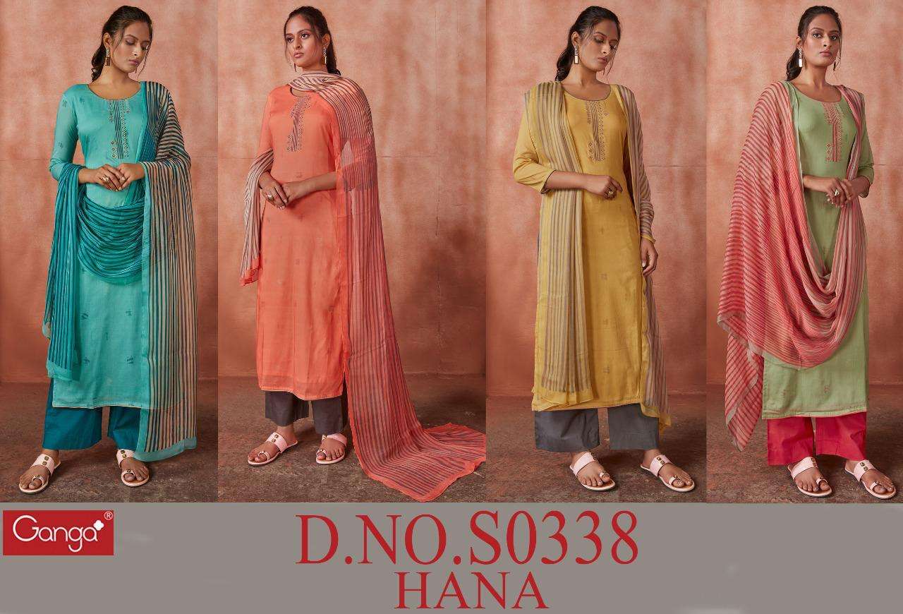 HANA-338 BY GANGA FASHION 338-A TO 338-D SERIES BEAUTIFUL SUITS COLORFUL STYLISH FANCY CASUAL WEAR & ETHNIC WEAR SUPERIOR COTTON LAWN PRINT WITH EMBROIDERED DRESSES AT WHOLESALE PRICE