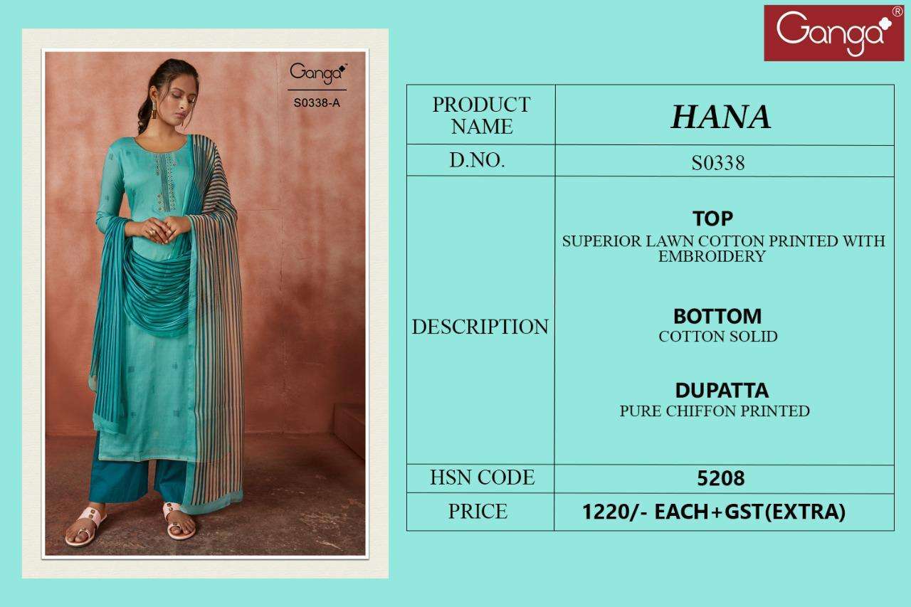 HANA-338 BY GANGA FASHION 338-A TO 338-D SERIES BEAUTIFUL SUITS COLORFUL STYLISH FANCY CASUAL WEAR & ETHNIC WEAR SUPERIOR COTTON LAWN PRINT WITH EMBROIDERED DRESSES AT WHOLESALE PRICE