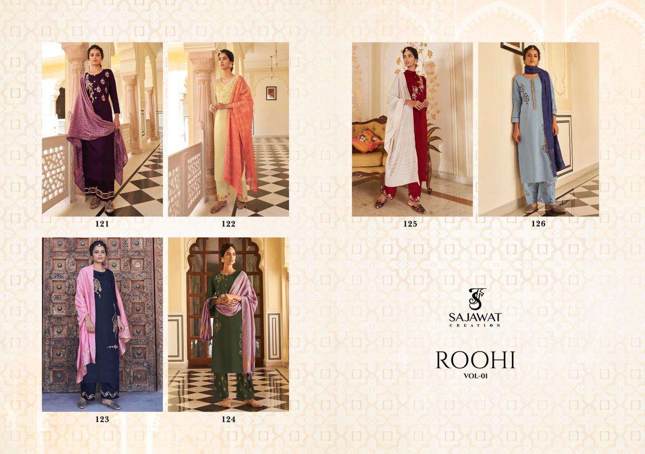 ROOHI VOL-1 BY SAJAWAT CREATION 121 TO 126 SERIES BEAUTIFUL SUITS COLORFUL STYLISH FANCY CASUAL WEAR & ETHNIC WEAR PURE VISCOSE WITH WORK DRESSES AT WHOLESALE PRICE