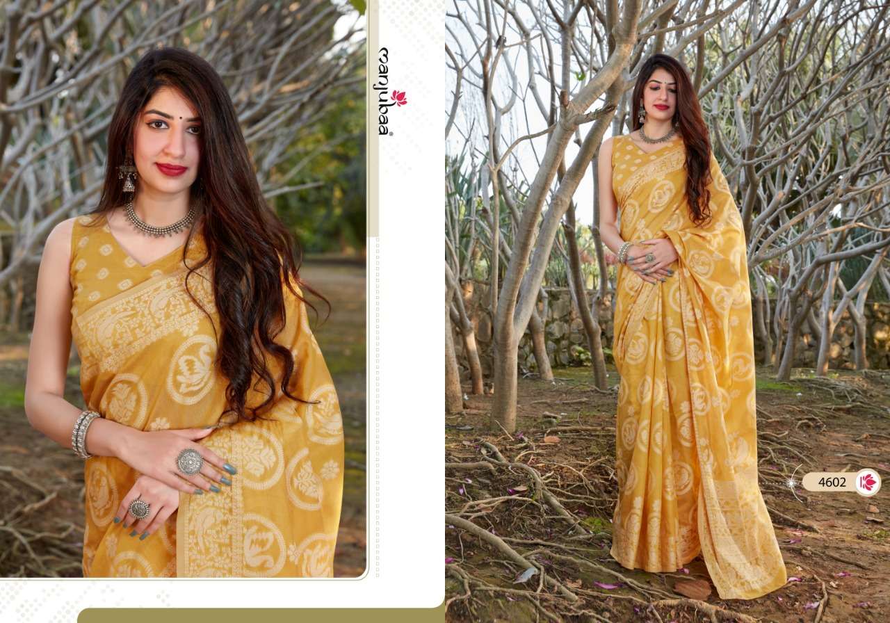 MUSKAAN SILK BY MANJUBAA CLOTHING 4601 TO 4606 SERIES INDIAN TRADITIONAL WEAR COLLECTION BEAUTIFUL STYLISH FANCY COLORFUL PARTY WEAR & OCCASIONAL WEAR BANARASI COTTON SAREES AT WHOLESALE PRICE