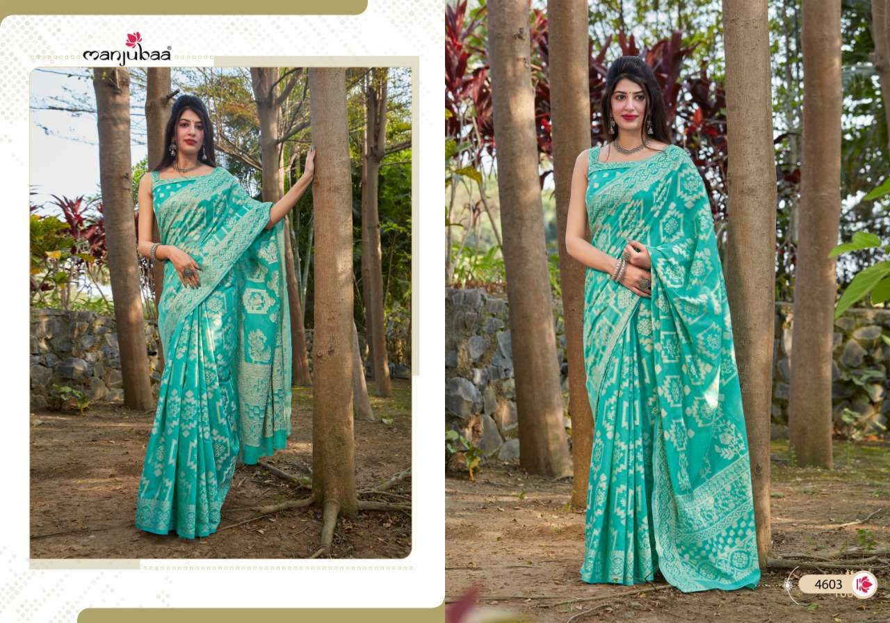 MUSKAAN SILK BY MANJUBAA CLOTHING 4601 TO 4606 SERIES INDIAN TRADITIONAL WEAR COLLECTION BEAUTIFUL STYLISH FANCY COLORFUL PARTY WEAR & OCCASIONAL WEAR BANARASI COTTON SAREES AT WHOLESALE PRICE