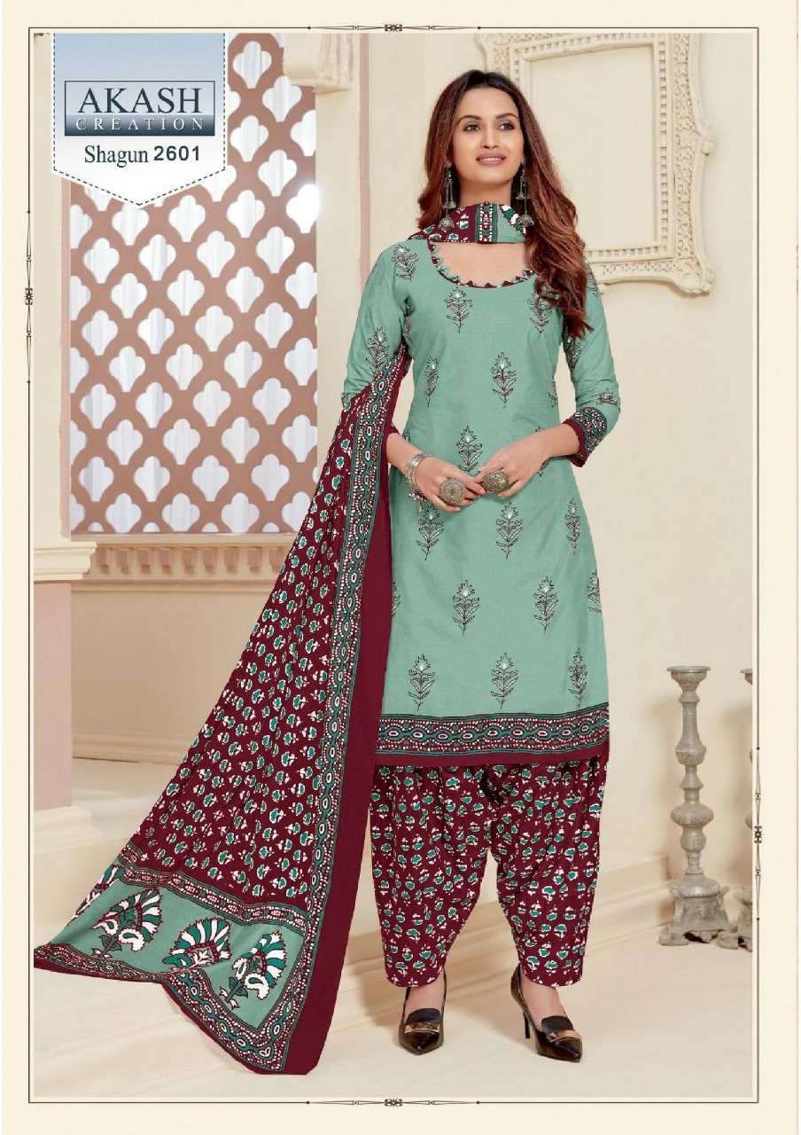 SHAGUN VOL-26 BY AKASH CREATION 2601 TO 2625 SERIES BEAUTIFUL SUITS COLORFUL STYLISH FANCY CASUAL WEAR & ETHNIC WEAR PURE COTTON DRESSES AT WHOLESALE PRICE
