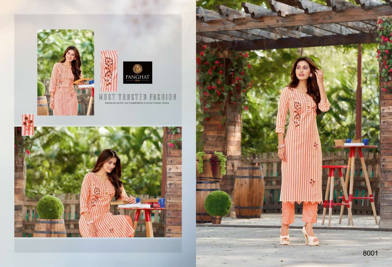 PIHOO BY PANGHAT NX 8001 TO 8007 SERIES DESIGNER STYLISH FANCY COLORFUL BEAUTIFUL PARTY WEAR & ETHNIC WEAR COLLECTION WEAVING COTTON EMBROIDERY KURTIS WITH BOTTOM AT WHOLESALE PRICE
