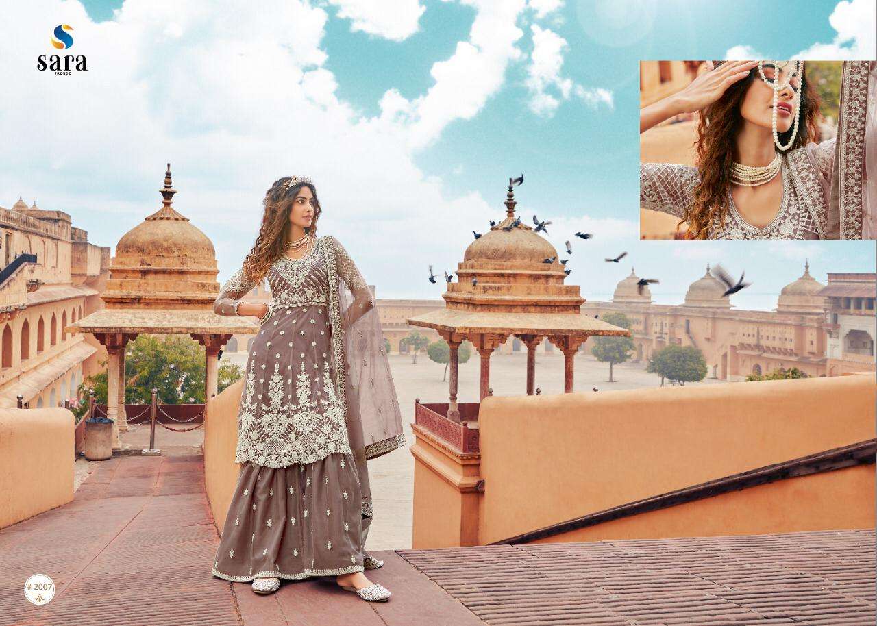 HEER BY SARA TRENDZ 1007 TO 1010 SERIES BEAUTIFUL STYLISH SHARARA SUITS FANCY COLORFUL CASUAL WEAR & ETHNIC WEAR & READY TO WEAR BUTTERFLY NET EMBROIDERED DRESSES AT WHOLESALE PRICE