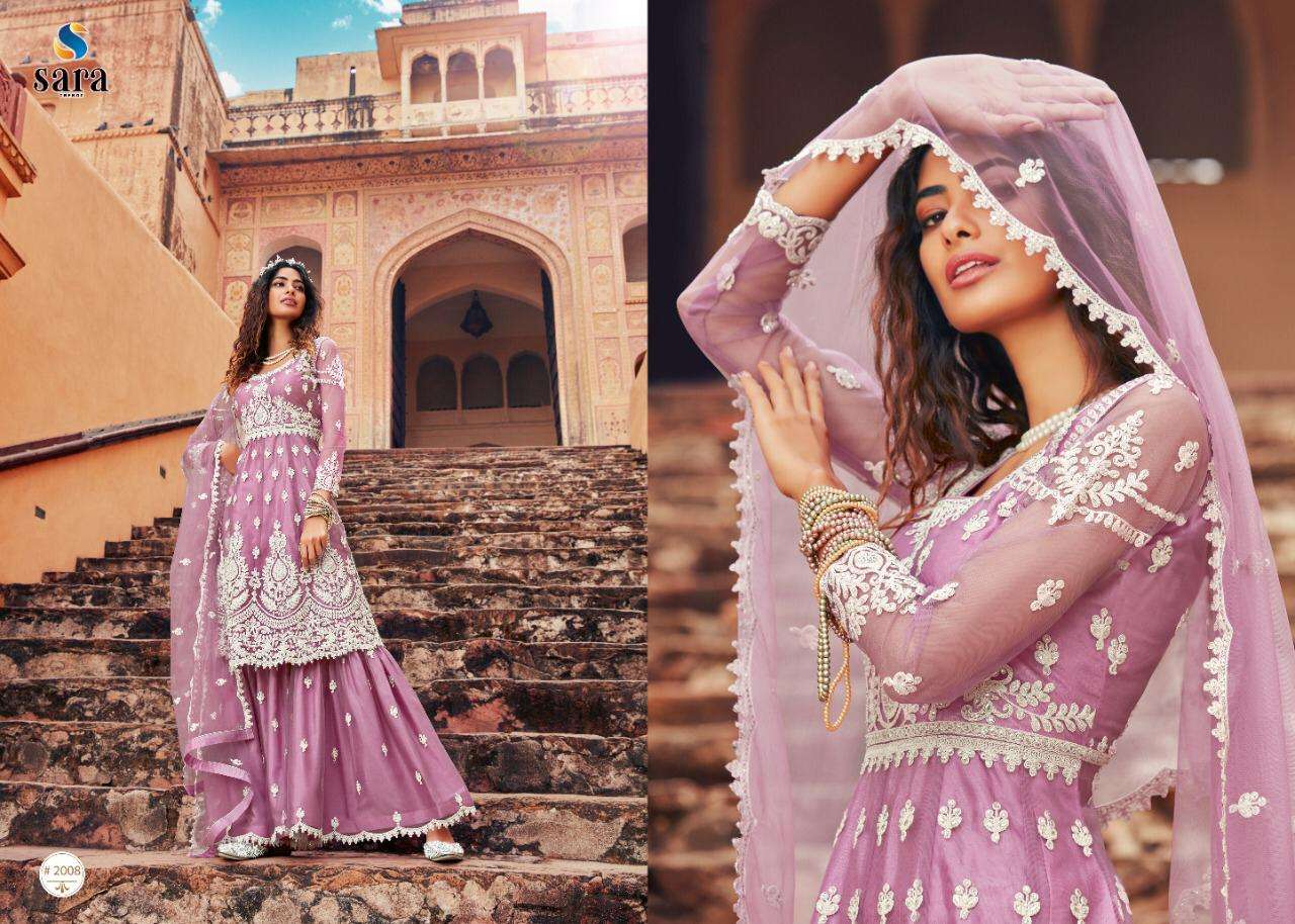 HEER BY SARA TRENDZ 1007 TO 1010 SERIES BEAUTIFUL STYLISH SHARARA SUITS FANCY COLORFUL CASUAL WEAR & ETHNIC WEAR & READY TO WEAR BUTTERFLY NET EMBROIDERED DRESSES AT WHOLESALE PRICE