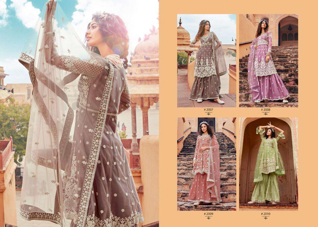 HEER BY SARA TRENDZ 1007 TO 1010 SERIES BEAUTIFUL STYLISH SHARARA SUITS FANCY COLORFUL CASUAL WEAR & ETHNIC WEAR & READY TO WEAR BUTTERFLY NET EMBROIDERED DRESSES AT WHOLESALE PRICE