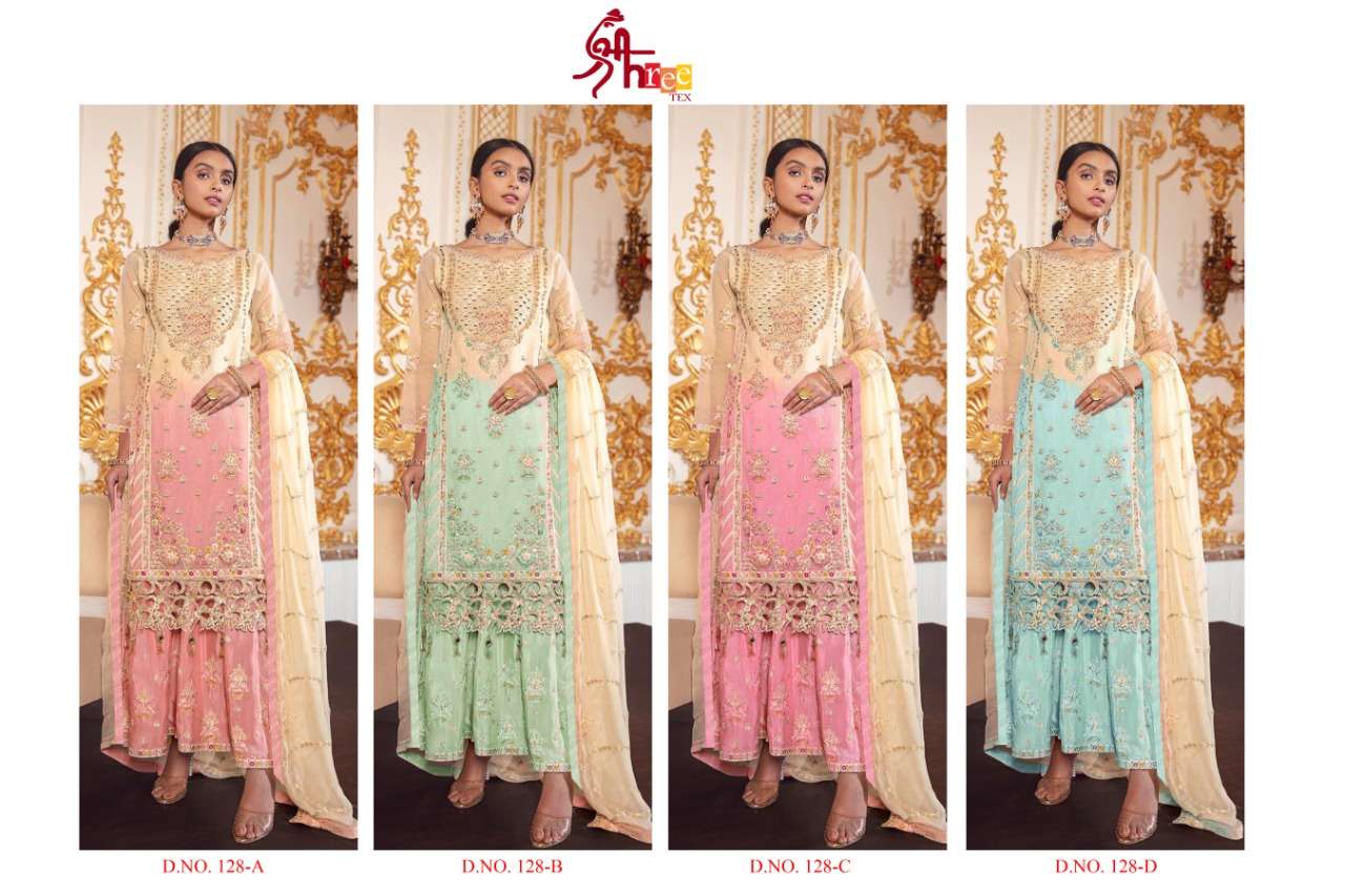 SHREE TEX HIT DESIGN 128 COLOURS BY SHREE TEX 128-A TO 128-D SERIES BEAUTIFUL STYLISH PAKISTANI SUITS FANCY COLORFUL CASUAL WEAR & ETHNIC WEAR & READY TO WEAR HEAVY NET EMBROIDERY DRESSES AT WHOLESALE PRICE