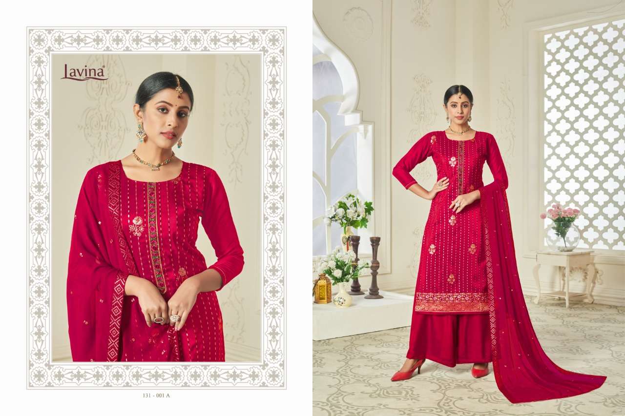 LAVINA VOL-131 BY LAVINA 131-001-A TO 131-001-E SERIES BEAUTIFUL PAKISTANI SUITS COLORFUL STYLISH FANCY CASUAL WEAR & ETHNIC WEAR CHINNON EMBROIDERED DRESSES AT WHOLESALE PRICE