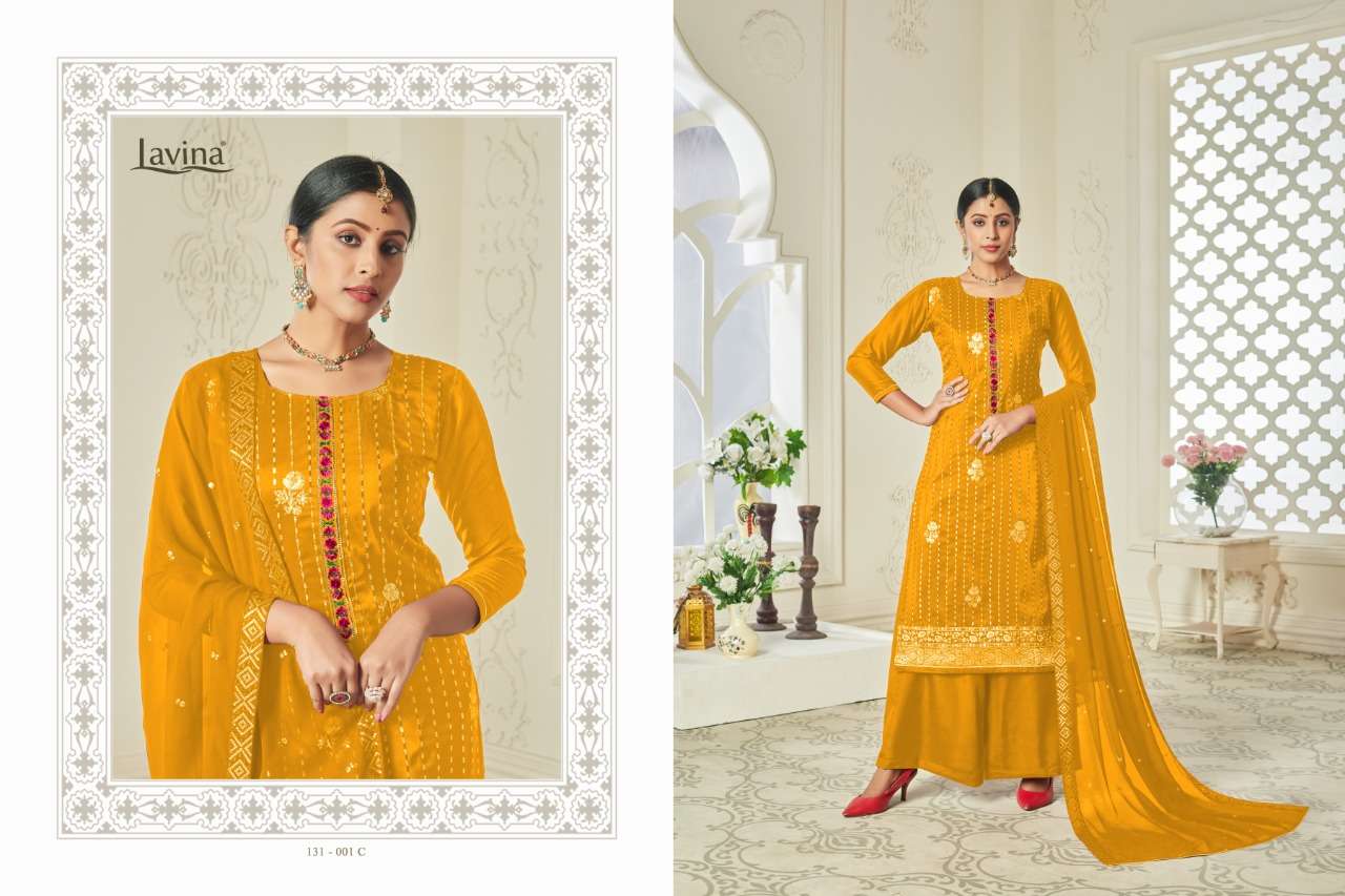 LAVINA VOL-131 BY LAVINA 131-001-A TO 131-001-E SERIES BEAUTIFUL PAKISTANI SUITS COLORFUL STYLISH FANCY CASUAL WEAR & ETHNIC WEAR CHINNON EMBROIDERED DRESSES AT WHOLESALE PRICE