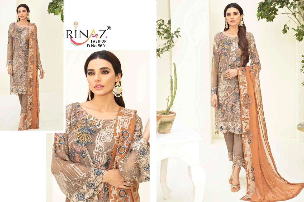 RAMSHA VOL-5 BY RINAZ FASHION 5601 TO 5605 SERIES PAKISTANI SUITS BEAUTIFUL FANCY COLORFUL STYLISH PARTY WEAR & OCCASIONAL WEAR FAUX GEORGETTE EMBROIDERED DRESSES AT WHOLESALE PRICE