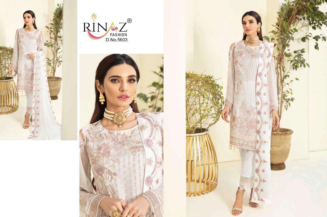 RAMSHA VOL-5 BY RINAZ FASHION 5601 TO 5605 SERIES PAKISTANI SUITS BEAUTIFUL FANCY COLORFUL STYLISH PARTY WEAR & OCCASIONAL WEAR FAUX GEORGETTE EMBROIDERED DRESSES AT WHOLESALE PRICE
