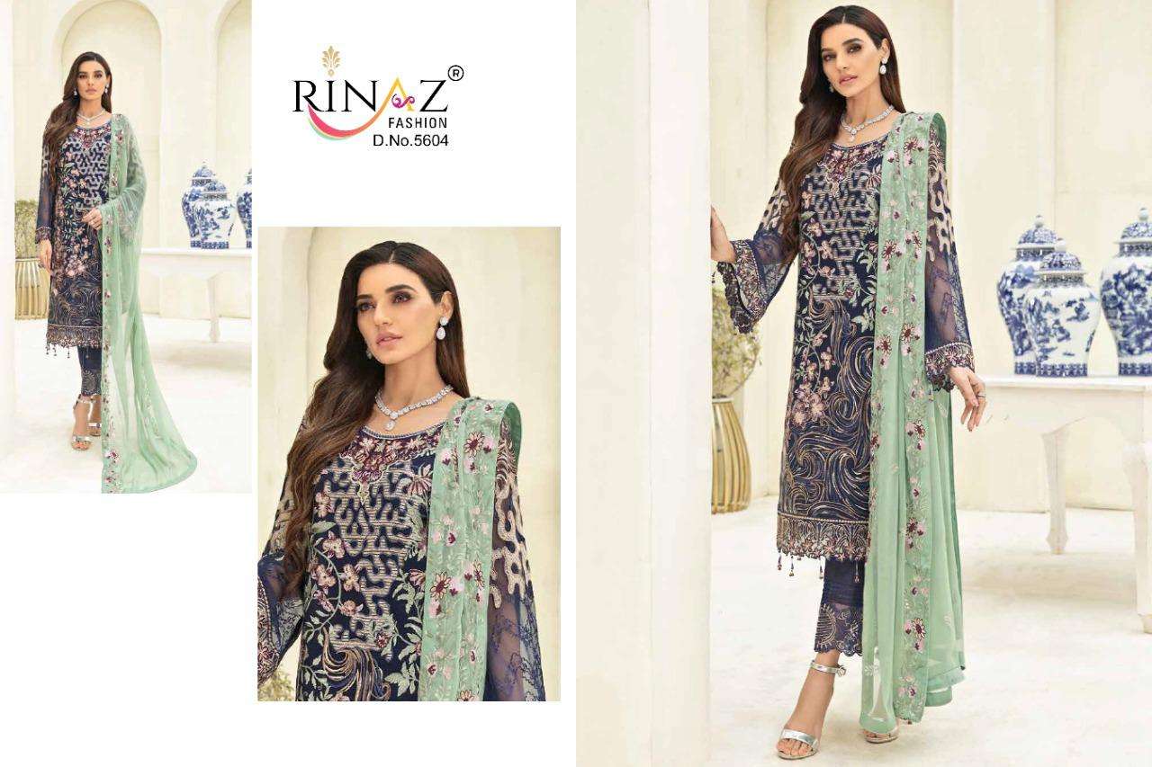 RAMSHA VOL-5 BY RINAZ FASHION 5601 TO 5605 SERIES PAKISTANI SUITS BEAUTIFUL FANCY COLORFUL STYLISH PARTY WEAR & OCCASIONAL WEAR FAUX GEORGETTE EMBROIDERED DRESSES AT WHOLESALE PRICE