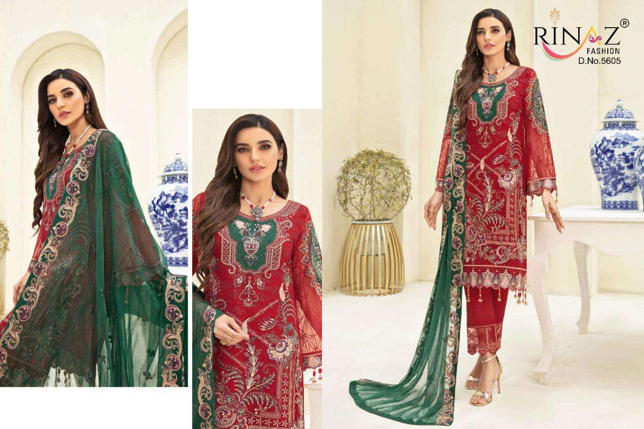 RAMSHA VOL-5 BY RINAZ FASHION 5601 TO 5605 SERIES PAKISTANI SUITS BEAUTIFUL FANCY COLORFUL STYLISH PARTY WEAR & OCCASIONAL WEAR FAUX GEORGETTE EMBROIDERED DRESSES AT WHOLESALE PRICE
