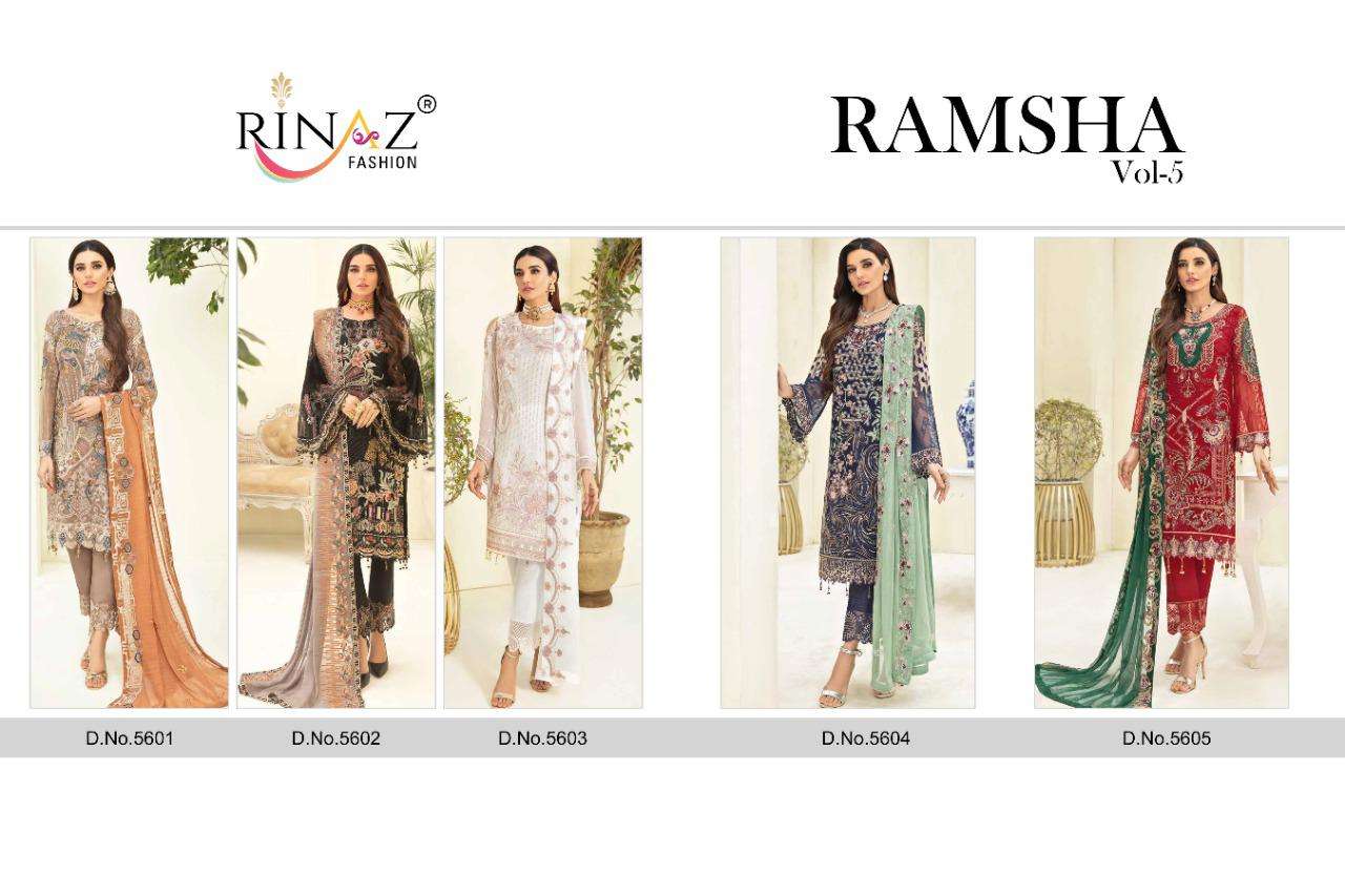 RAMSHA VOL-5 BY RINAZ FASHION 5601 TO 5605 SERIES PAKISTANI SUITS BEAUTIFUL FANCY COLORFUL STYLISH PARTY WEAR & OCCASIONAL WEAR FAUX GEORGETTE EMBROIDERED DRESSES AT WHOLESALE PRICE
