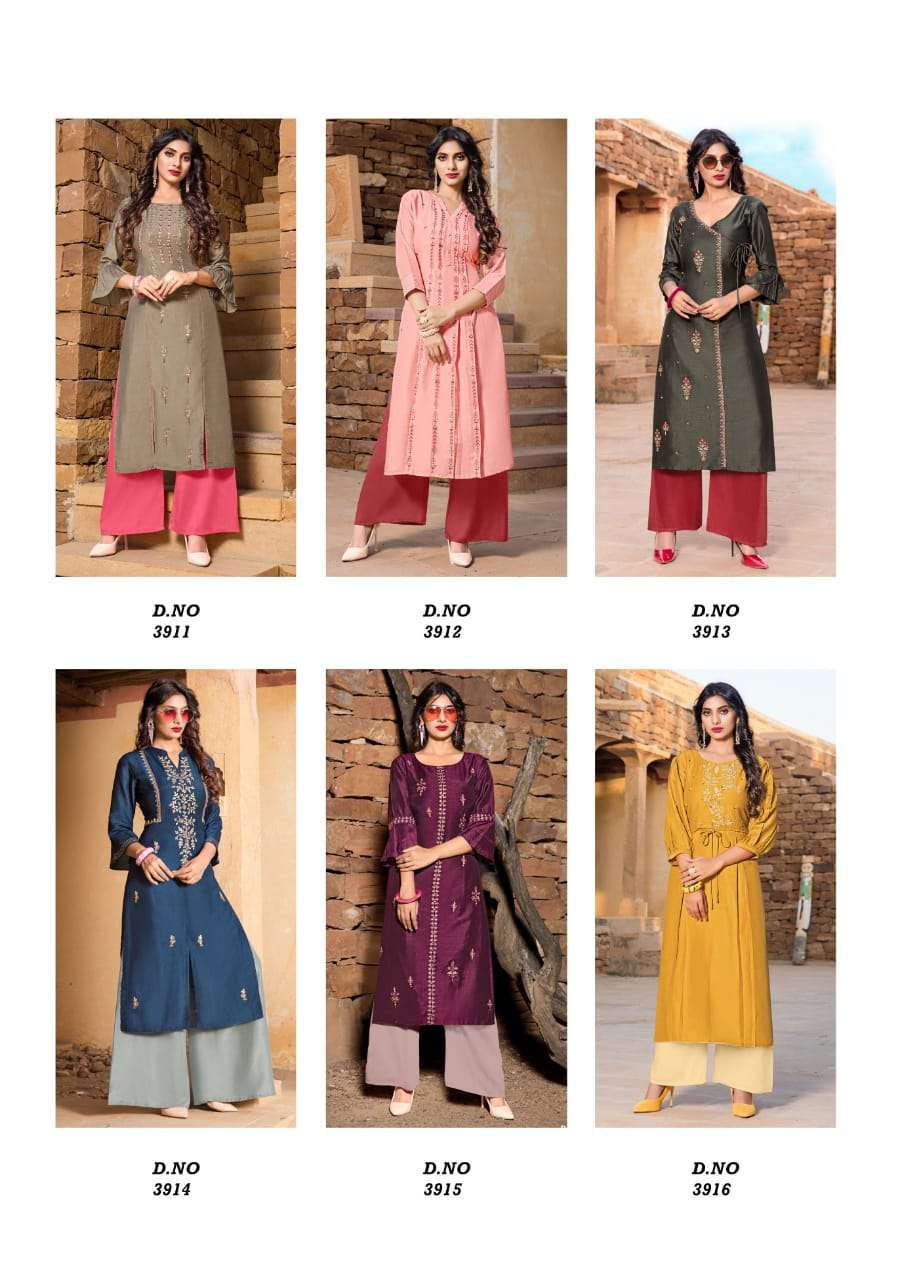 RESHAMI VOL-2 BY YAMI FASHION 3911 TO 3916 SERIES DESIGNER STYLISH FANCY COLORFUL BEAUTIFUL PARTY WEAR & ETHNIC WEAR COLLECTION VISCOSE EMBROIDERY KURTIS WITH BOTTOM AT WHOLESALE PRICE