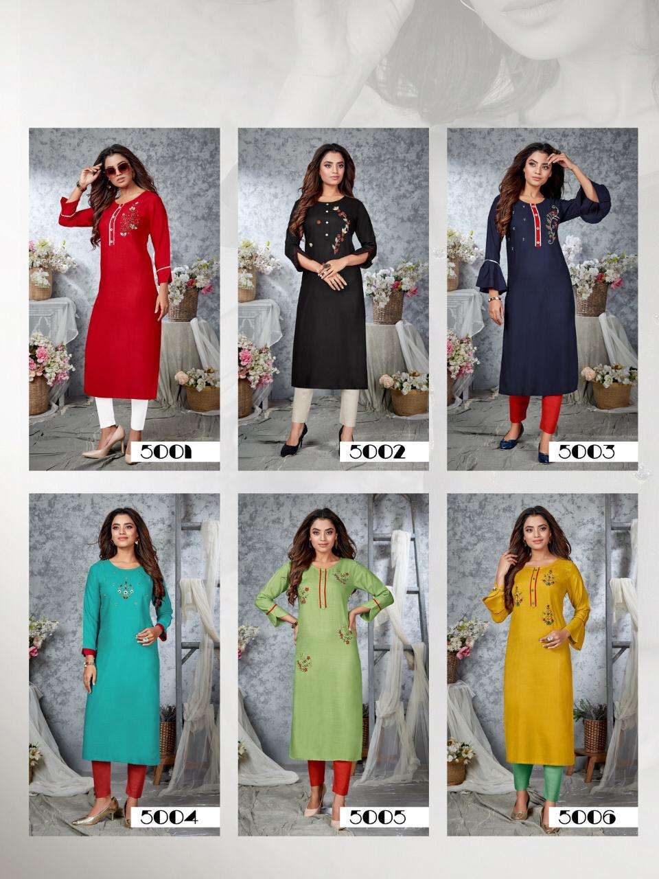 FARZEEN BY KRISHA EXPORTS 5001 TO 5006 SERIES DESIGNER STYLISH FANCY COLORFUL BEAUTIFUL PARTY WEAR & ETHNIC WEAR COLLECTION RAYON SLUB WITH HANDWORK KURTIS AT WHOLESALE PRICE