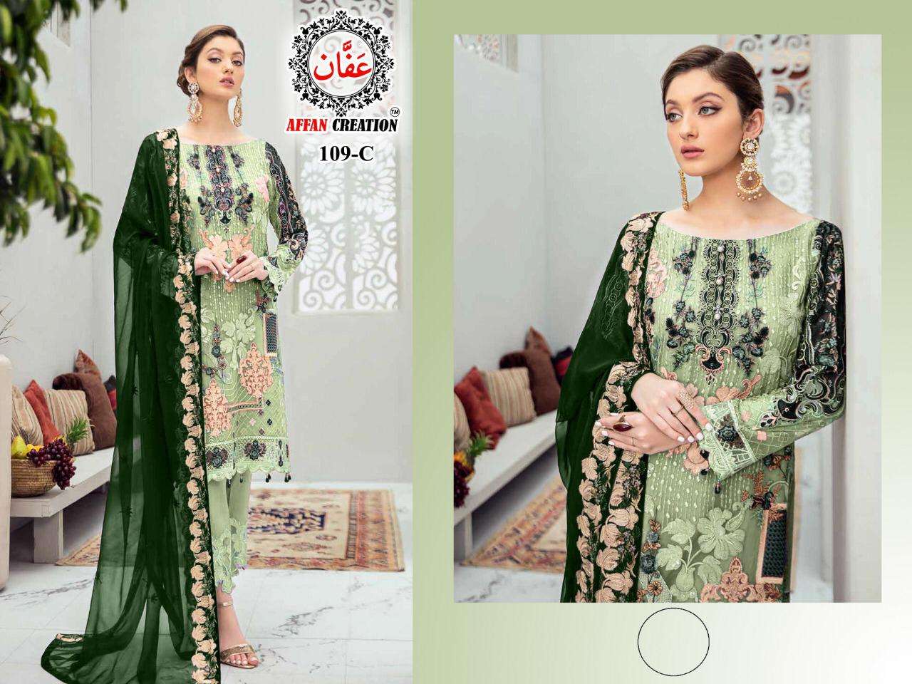 AFFAN CREATION 109 COLOURS BY AFFAN CREATION 109 TO 109-D SERIES BEAUTIFUL PAKISTANI SUITS COLORFUL STYLISH FANCY CASUAL WEAR & ETHNIC WEAR FAUX GEORGETTE WITH EMBROIDERY DRESSES AT WHOLESALE PRICE