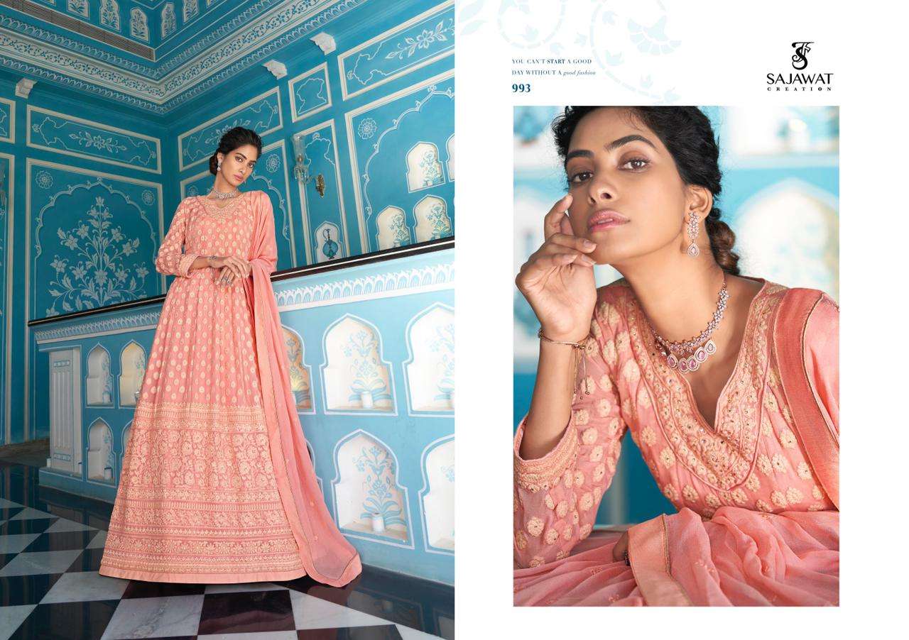 MERAKI VOL-6 BY SAJAWAT CREATION 991 TO 995 SERIES DESIGNER ANARKALI SUITS COLLECTION BEAUTIFUL STYLISH FANCY COLORFUL PARTY WEAR & OCCASIONAL WEAR HEAVY FAUX GEORGETTE DRESSES AT WHOLESALE PRICE