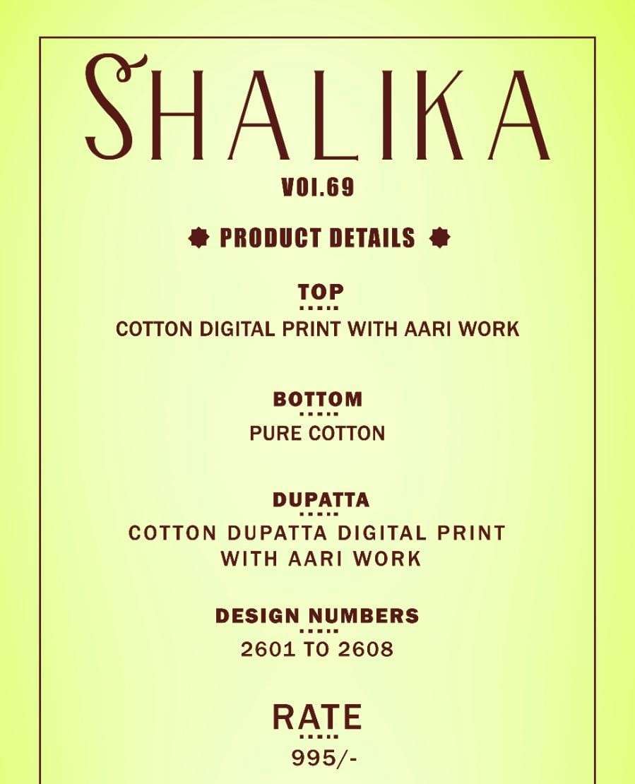 SHALIKA VOL-69 BY SHREE SHALIKA FASHION 2601 TO 2608 SERIES BEAUTIFUL STYLISH SUITS FANCY COLORFUL CASUAL WEAR & ETHNIC WEAR & READY TO WEAR COTTON DIGITAL PRINT WITH AARI WORK DRESSES AT WHOLESALE PRICE
