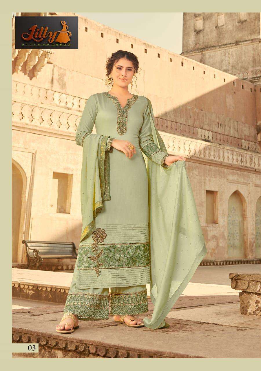 SAMPANN BY LILLY 01 TO 06 SERIES BEAUTIFUL SUITS COLORFUL STYLISH FANCY CASUAL WEAR & ETHNIC WEAR TUSSAR MUSLIN WITH STONE WORK DRESSES AT WHOLESALE PRICE