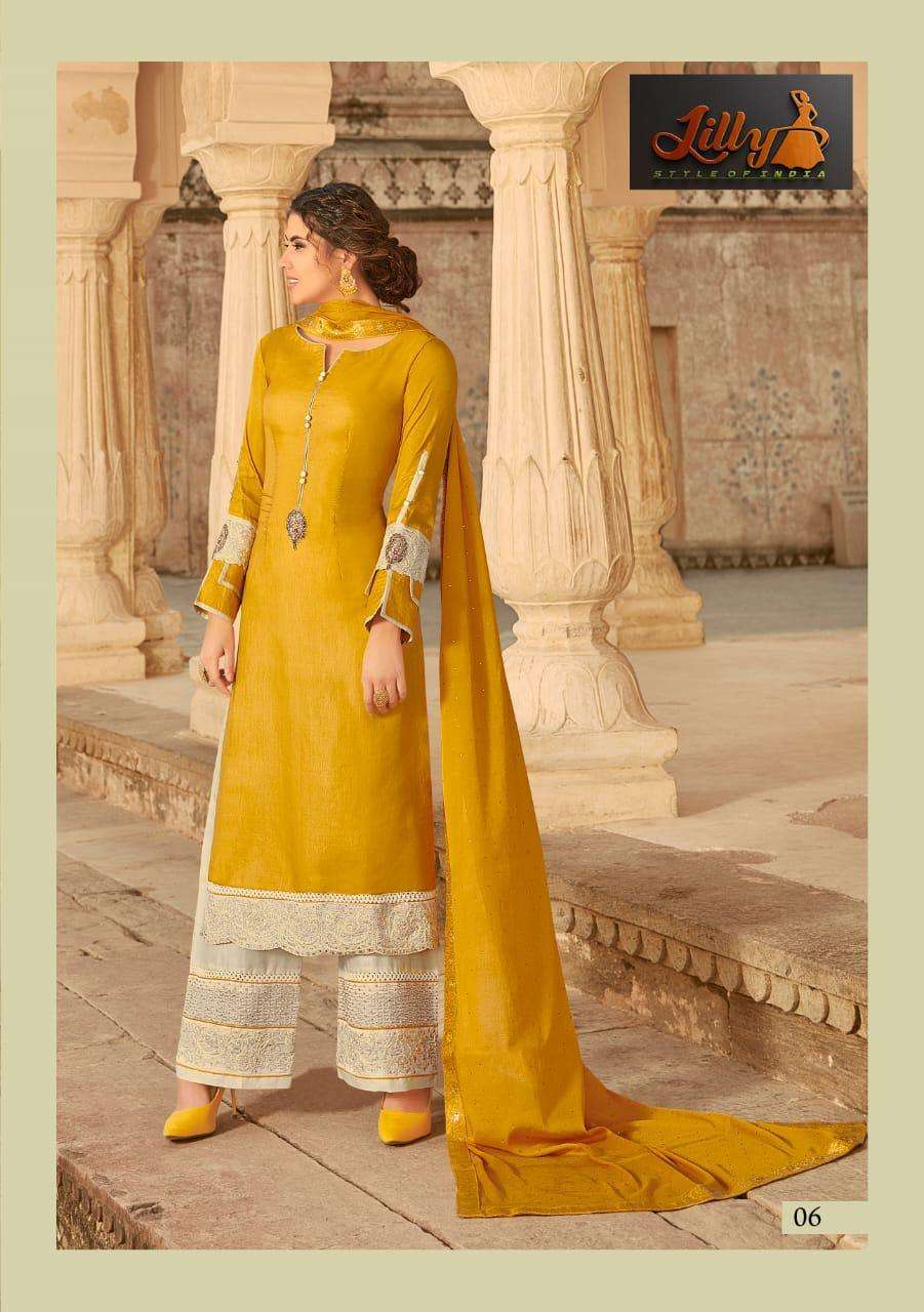 SAMPANN BY LILLY 01 TO 06 SERIES BEAUTIFUL SUITS COLORFUL STYLISH FANCY CASUAL WEAR & ETHNIC WEAR TUSSAR MUSLIN WITH STONE WORK DRESSES AT WHOLESALE PRICE