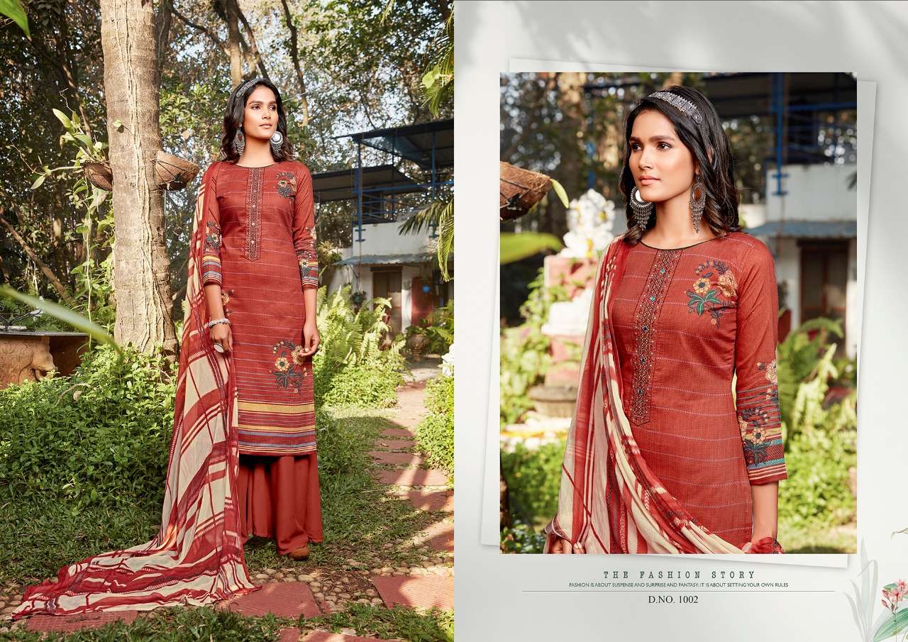 RAAZI BY KESARIYA 1001 TO 1008 SERIES BEAUTIFUL SUITS COLORFUL STYLISH FANCY CASUAL WEAR & ETHNIC WEAR PURE CAMBRIC DIGITAL PRINT WITH EMBROIDERY WORK DRESSES AT WHOLESALE PRICE