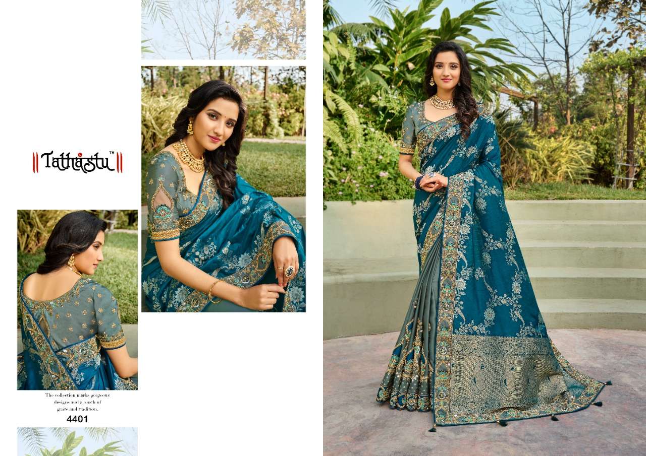 TATHASTU 4400 SERIES BY TATHASTU 4401 TO 4410 SERIES DESIGNER BEAUTIFUL NAVRATRI COLLECTION OCCASIONAL WEAR & PARTY WEAR SILK EMBROIDERED SAREES AT WHOLESALE PRICE
