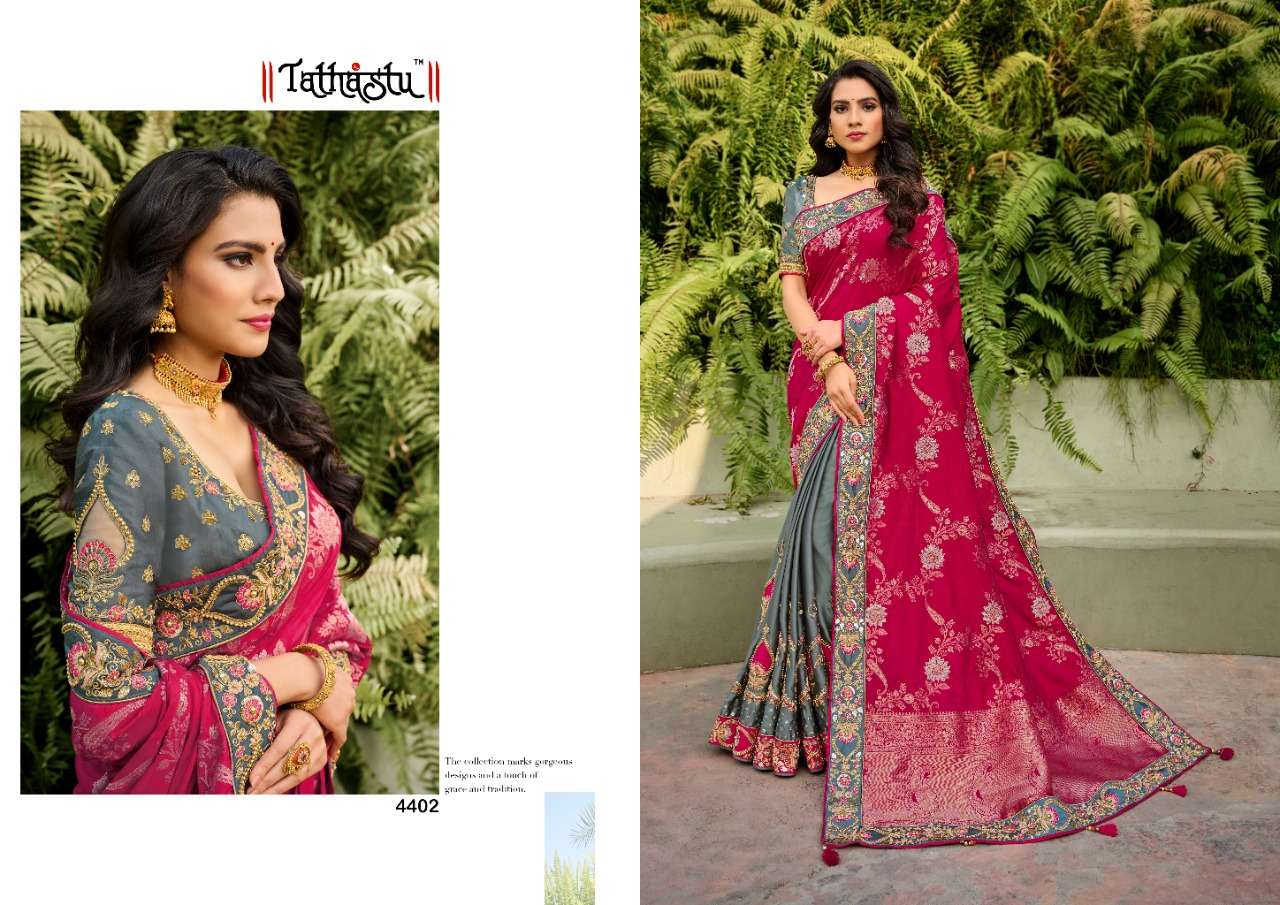 TATHASTU 4400 SERIES BY TATHASTU 4401 TO 4410 SERIES DESIGNER BEAUTIFUL NAVRATRI COLLECTION OCCASIONAL WEAR & PARTY WEAR SILK EMBROIDERED SAREES AT WHOLESALE PRICE