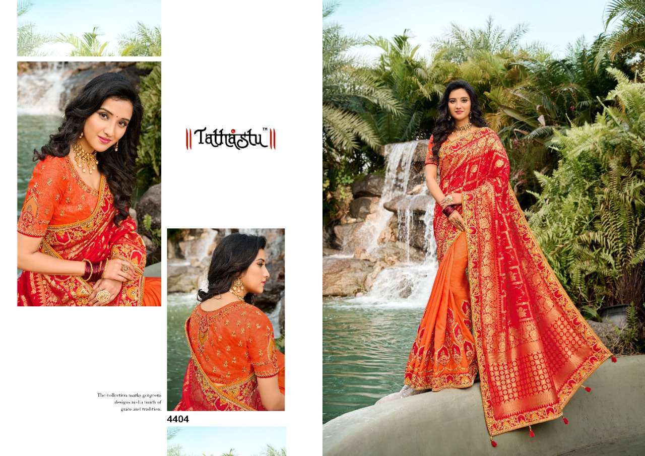 TATHASTU 4400 SERIES BY TATHASTU 4401 TO 4410 SERIES DESIGNER BEAUTIFUL NAVRATRI COLLECTION OCCASIONAL WEAR & PARTY WEAR SILK EMBROIDERED SAREES AT WHOLESALE PRICE