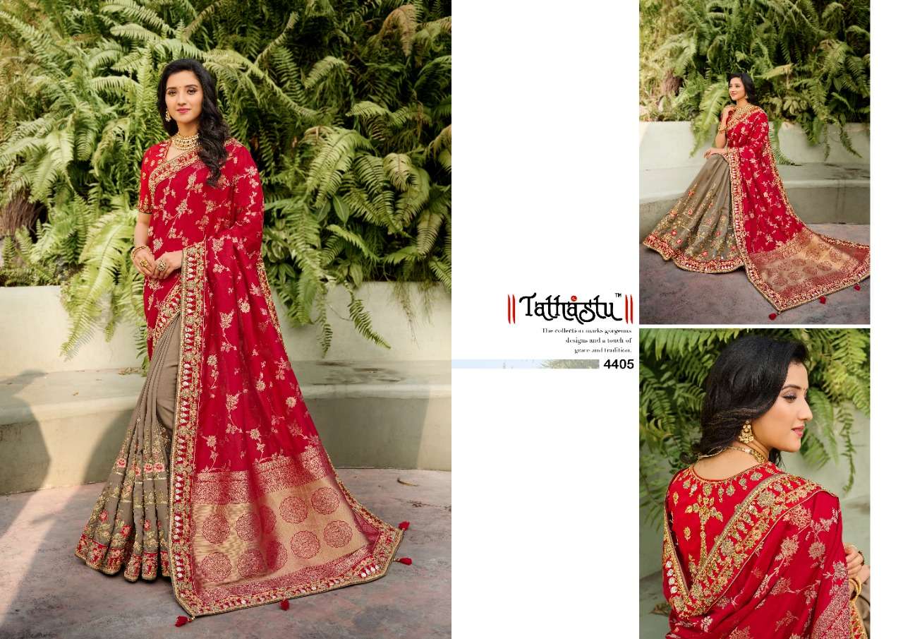 TATHASTU 4400 SERIES BY TATHASTU 4401 TO 4410 SERIES DESIGNER BEAUTIFUL NAVRATRI COLLECTION OCCASIONAL WEAR & PARTY WEAR SILK EMBROIDERED SAREES AT WHOLESALE PRICE