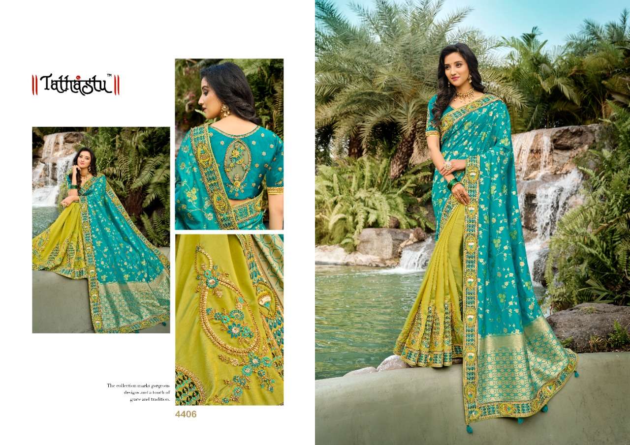 TATHASTU 4400 SERIES BY TATHASTU 4401 TO 4410 SERIES DESIGNER BEAUTIFUL NAVRATRI COLLECTION OCCASIONAL WEAR & PARTY WEAR SILK EMBROIDERED SAREES AT WHOLESALE PRICE