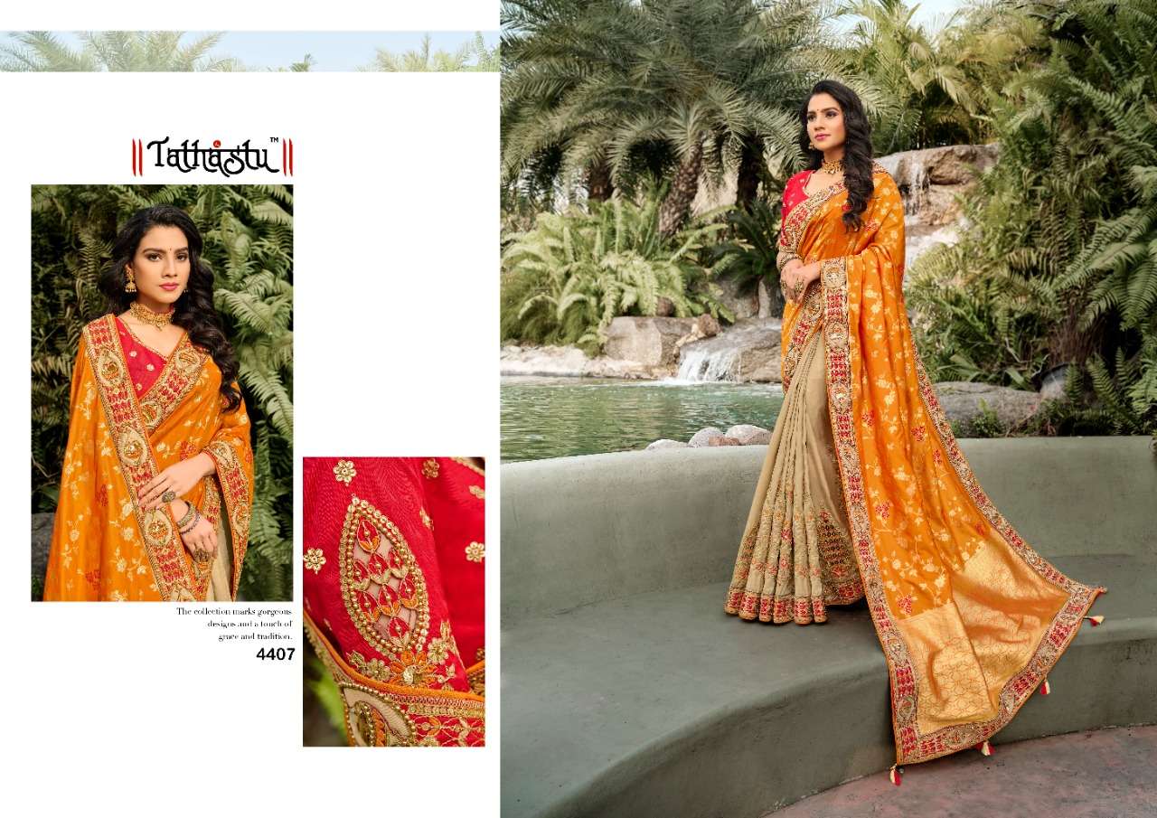 TATHASTU 4400 SERIES BY TATHASTU 4401 TO 4410 SERIES DESIGNER BEAUTIFUL NAVRATRI COLLECTION OCCASIONAL WEAR & PARTY WEAR SILK EMBROIDERED SAREES AT WHOLESALE PRICE