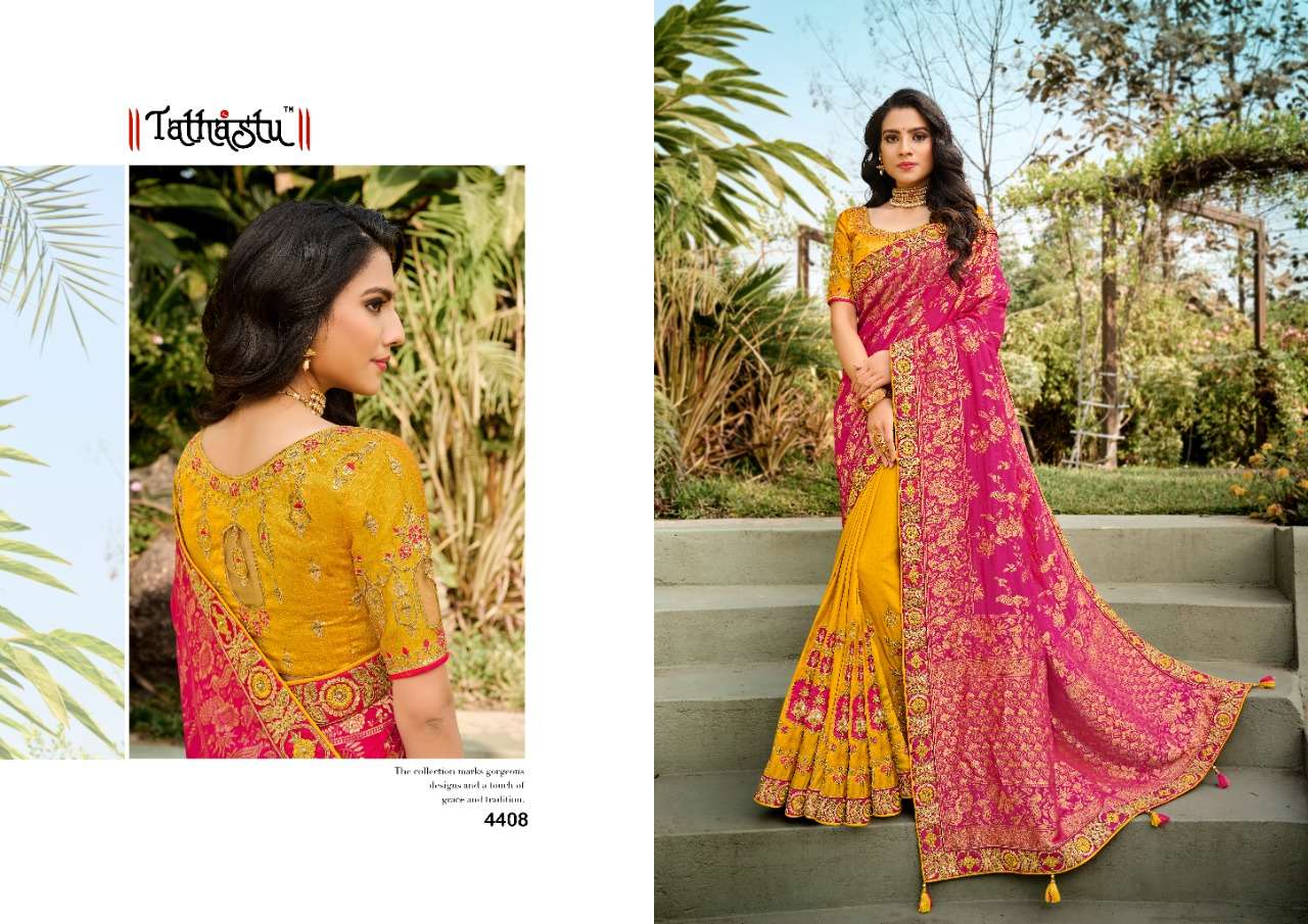 TATHASTU 4400 SERIES BY TATHASTU 4401 TO 4410 SERIES DESIGNER BEAUTIFUL NAVRATRI COLLECTION OCCASIONAL WEAR & PARTY WEAR SILK EMBROIDERED SAREES AT WHOLESALE PRICE