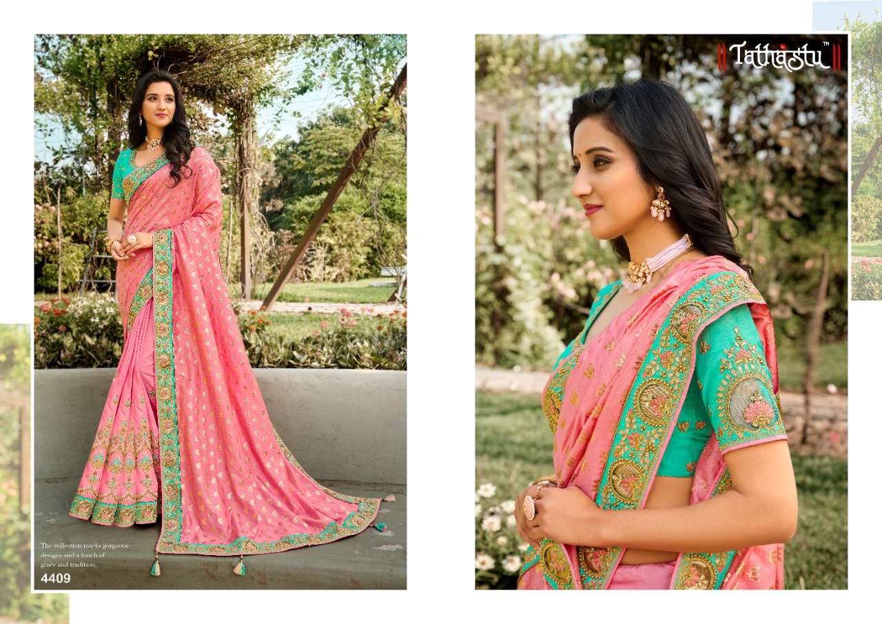 TATHASTU 4400 SERIES BY TATHASTU 4401 TO 4410 SERIES DESIGNER BEAUTIFUL NAVRATRI COLLECTION OCCASIONAL WEAR & PARTY WEAR SILK EMBROIDERED SAREES AT WHOLESALE PRICE